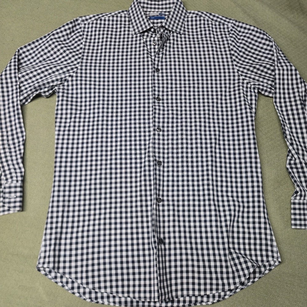 14th & Union Mens Medium Dress Shirt Trim Fit Gingham Check Navy Blue Longsleeve